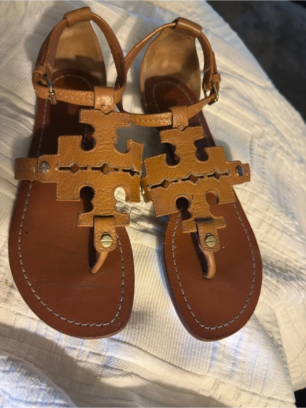 Tory Burch Tan Leather Miller Logo Sandals